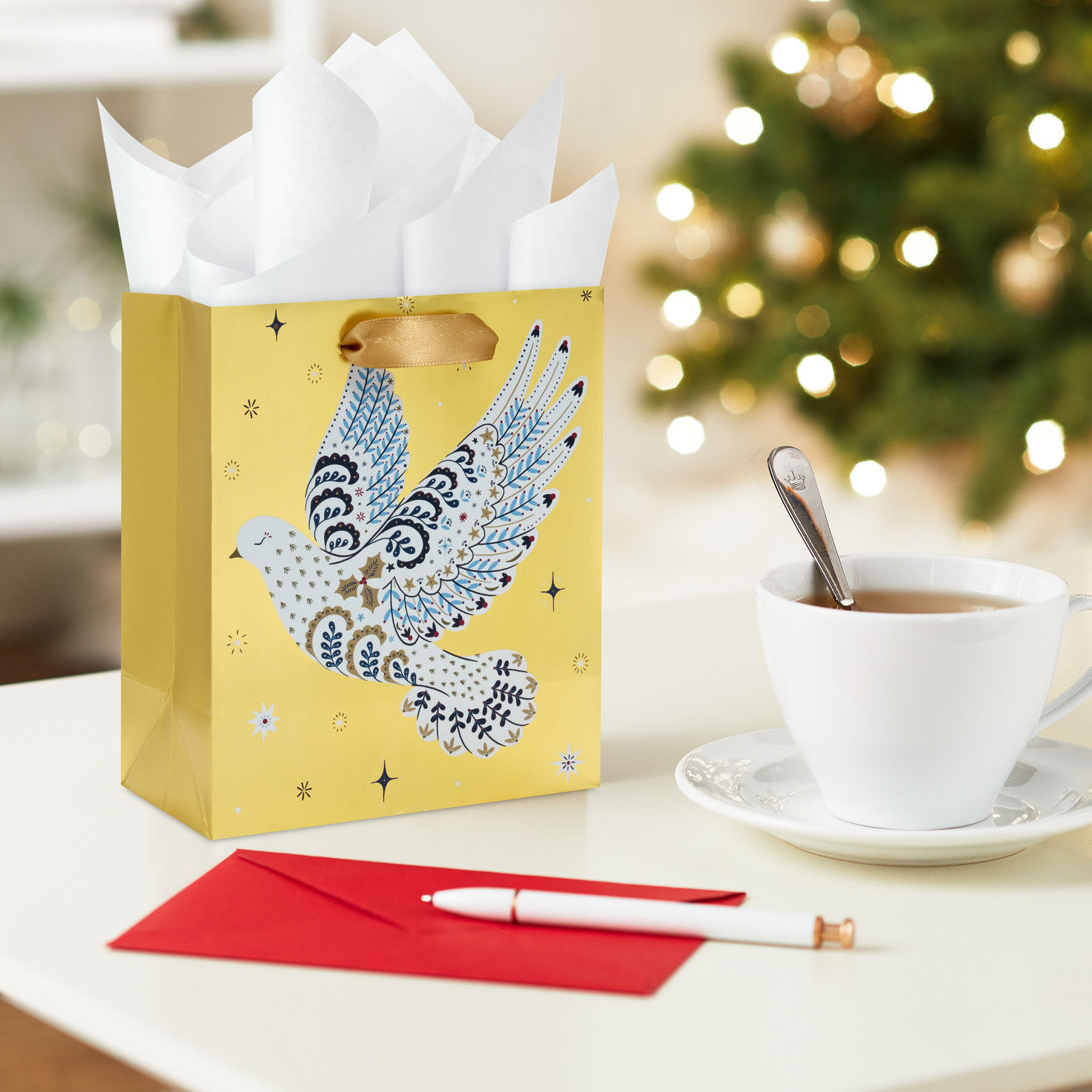 6.5" Floral Dove on Gold Small Holiday Gift Bag for only USD 2.49 | Hallmark