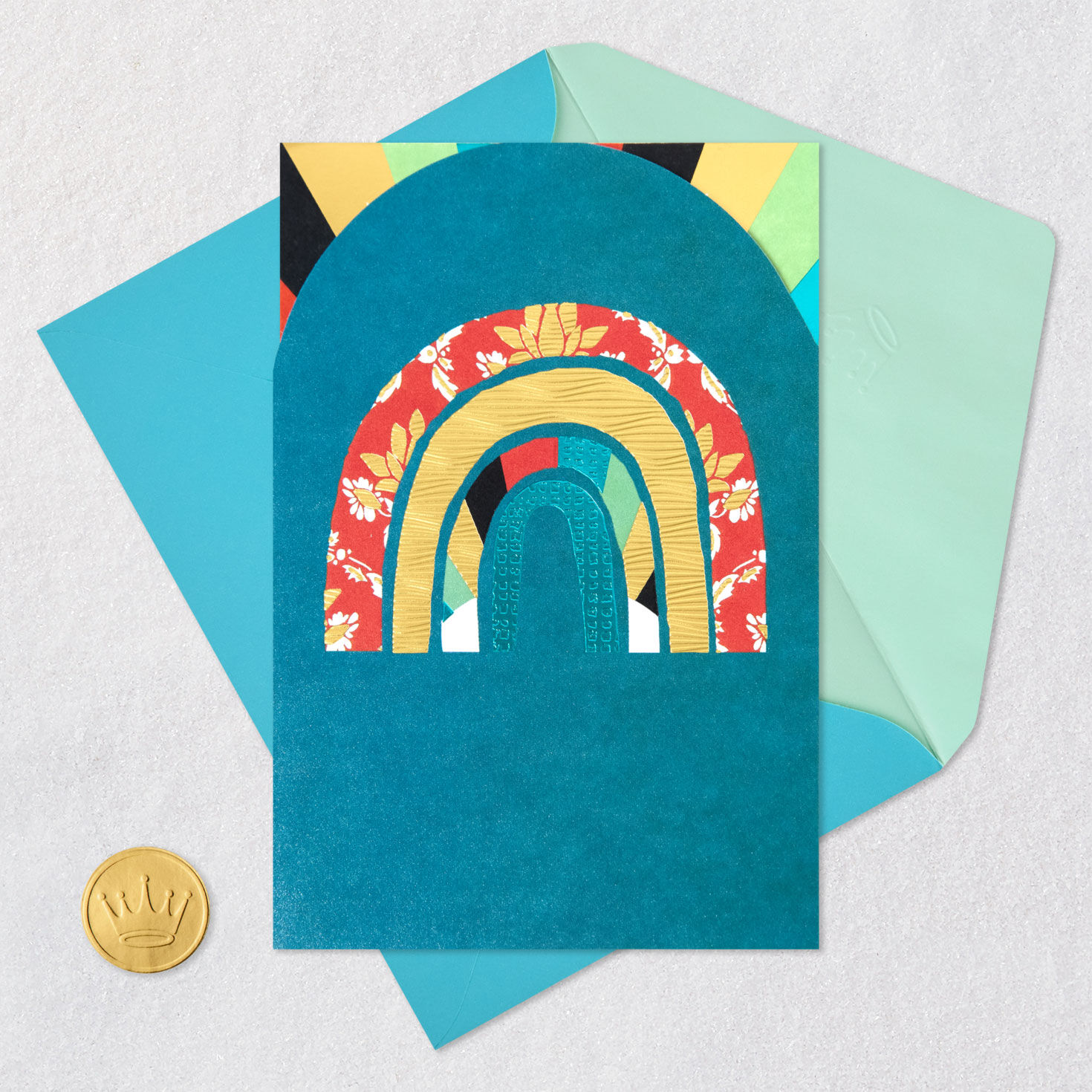 Patchwork Rainbow and Rays Blank Card Open card with envelope image number 4