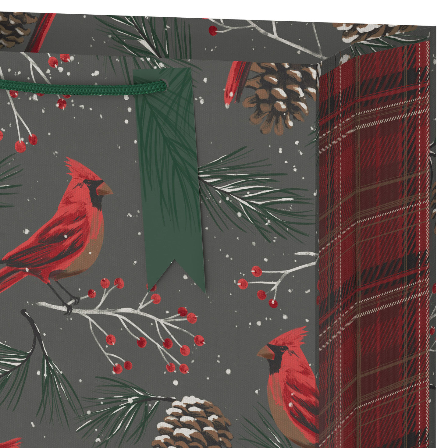 Cardinals and Pine Cones Large Holiday Gift Bag Handle Detail image number 4