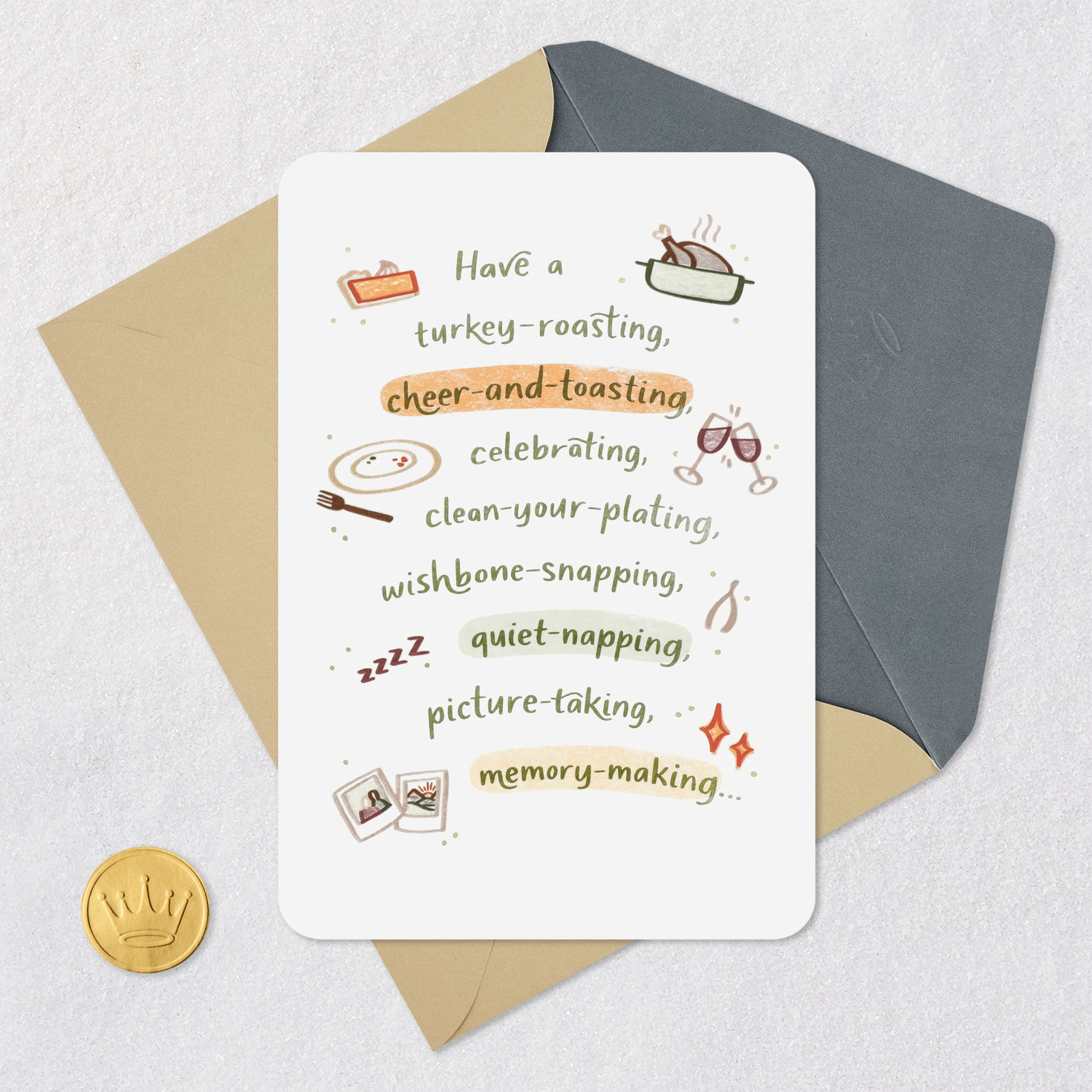 Turkey and Wine Glasses Thanksgiving Card Card Front with Envelope and Gold Seal image number 5