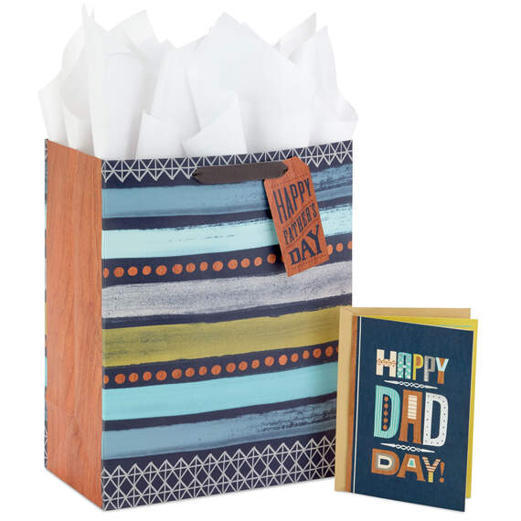 13" Happy Father's Day on Stripes Large Gift Bag With Greeting Card and Tissue Paper
