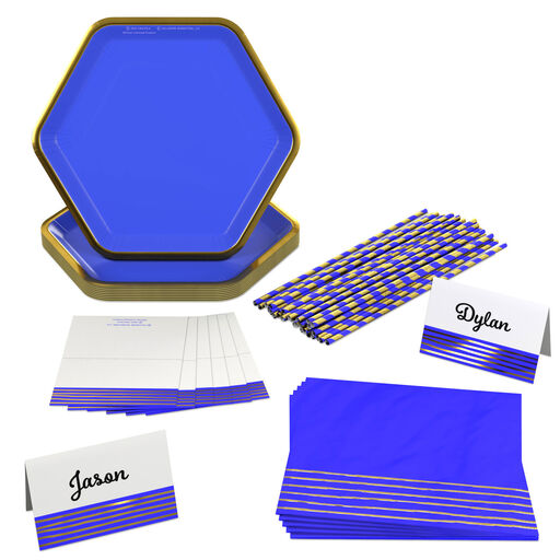 Color Pop 60-Piece Tableware Premium Party Kit, Blue Hexagon, 