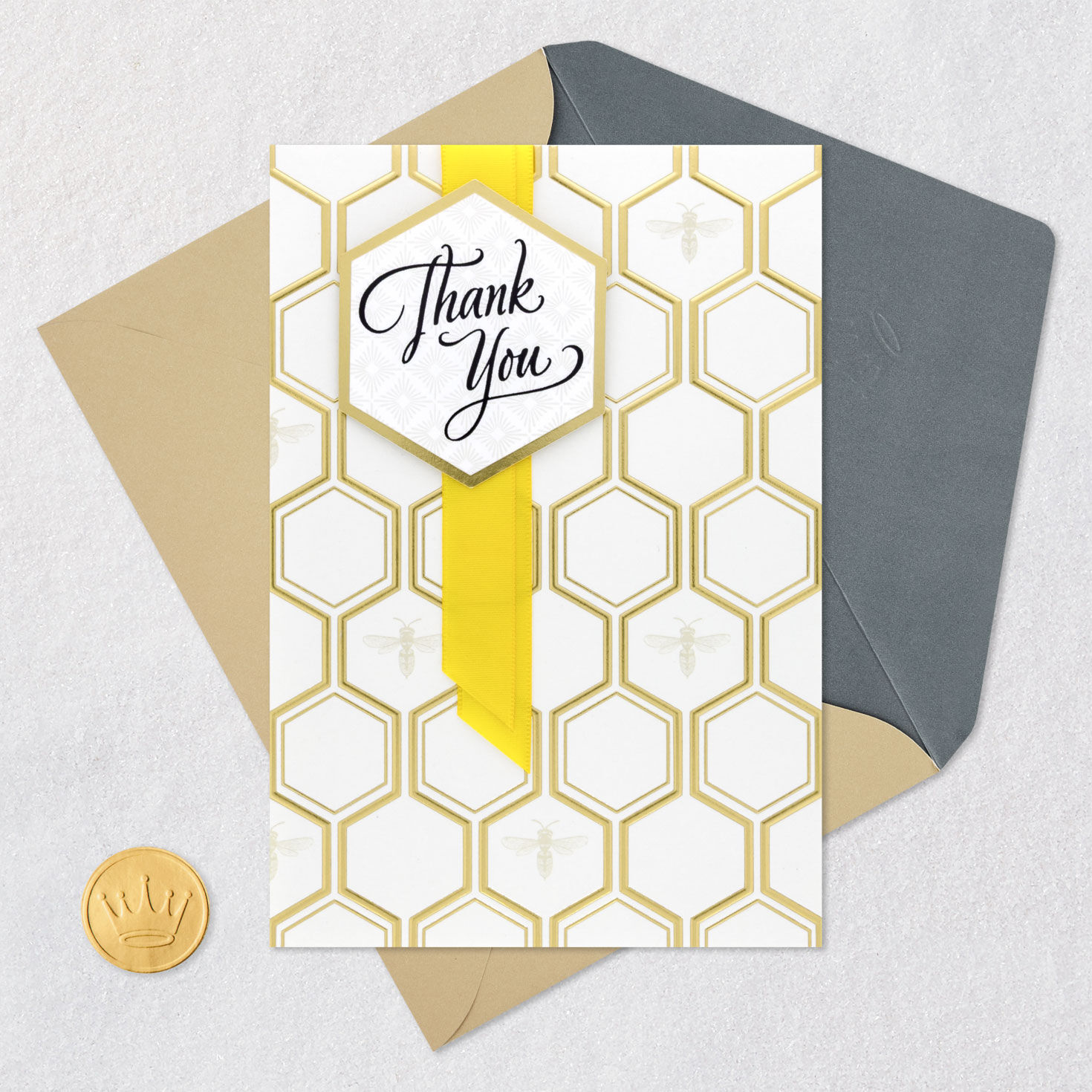 Gold Honeycomb and Bee Thank You Card Card Front with Envelope and Gold Seal image number 5