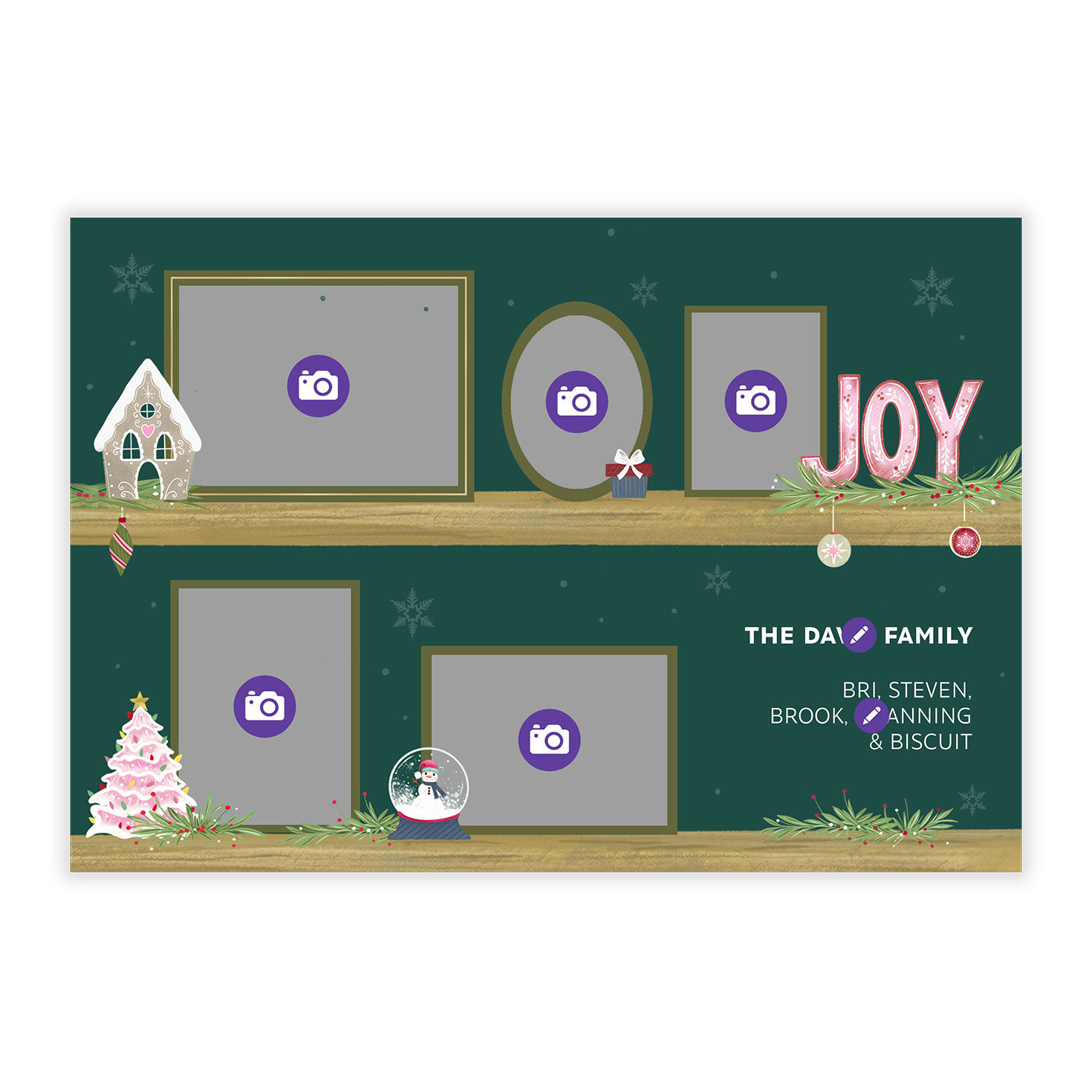 Framed Photos on Shelves Personalized Holiday Card Card Front indicating personalization image number 5