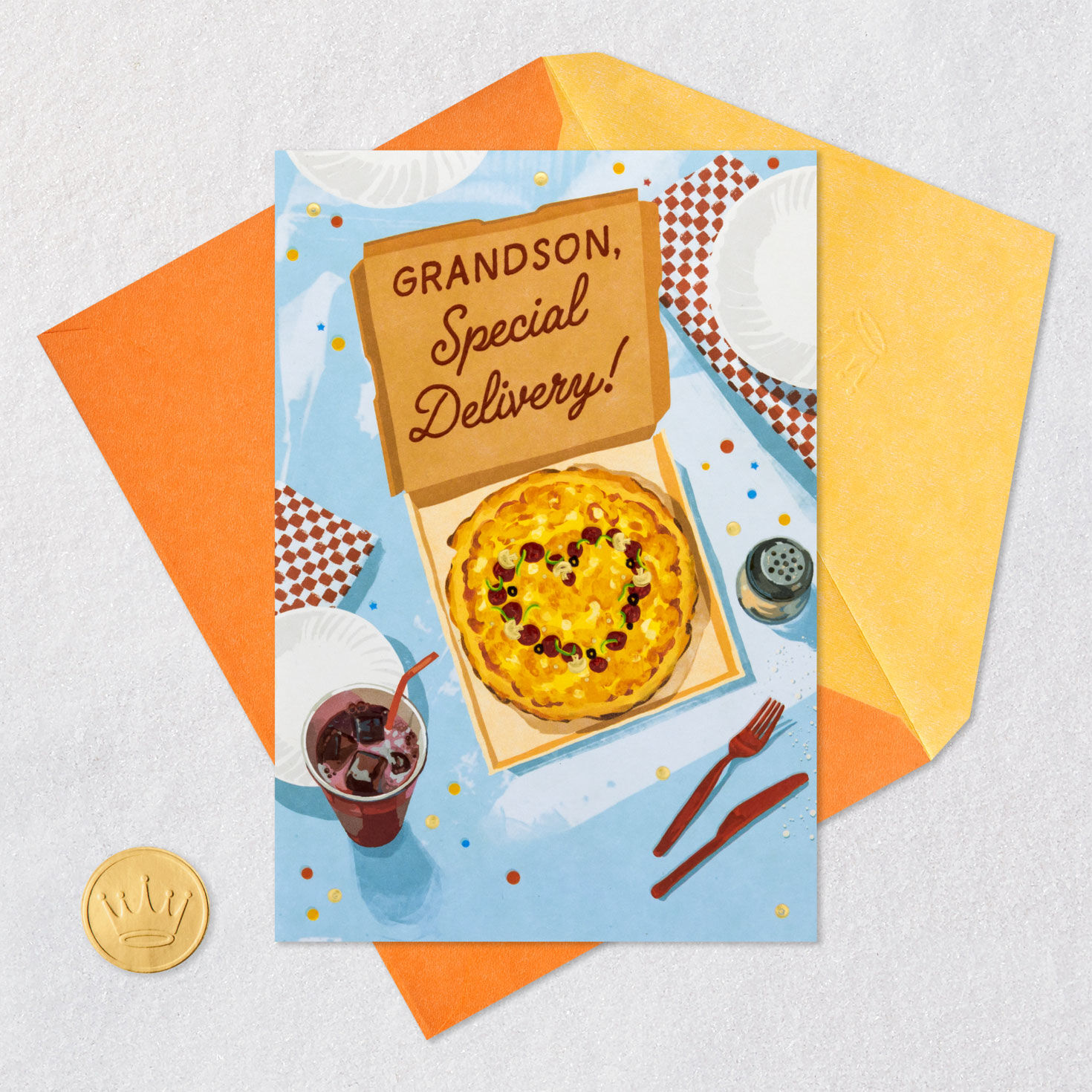 Pizza Delivery Birthday Card for Grandson Card Front with Envelope and Gold Seal image number 5