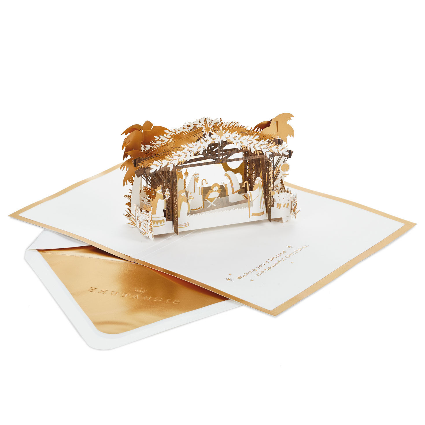 Gold Nativity 3D Pop-Up Christmas Card open card with envelope image number 2