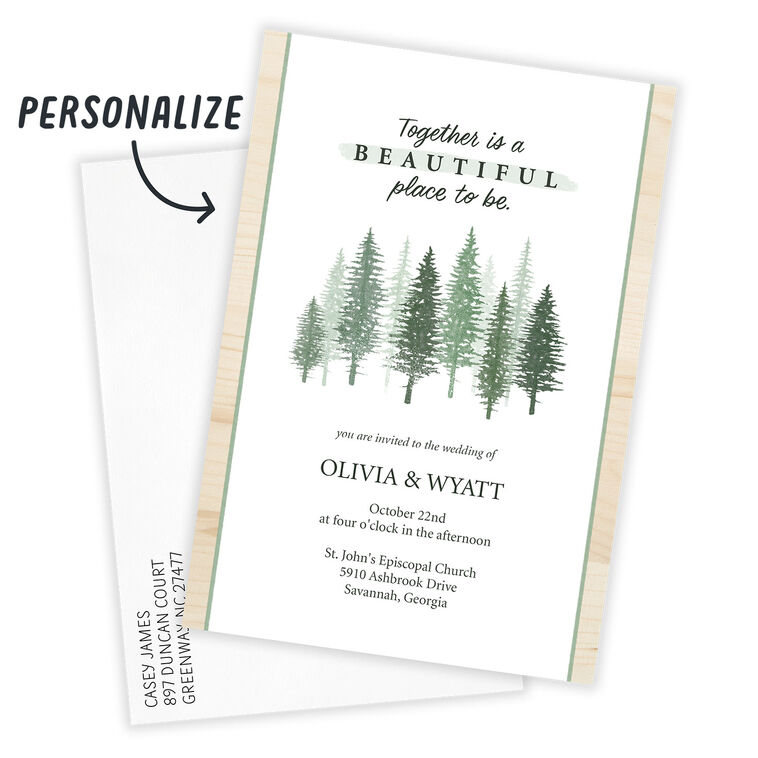 Trees Wood Border Personalized Wedding Invitation Card Front indicating personalization image number 2