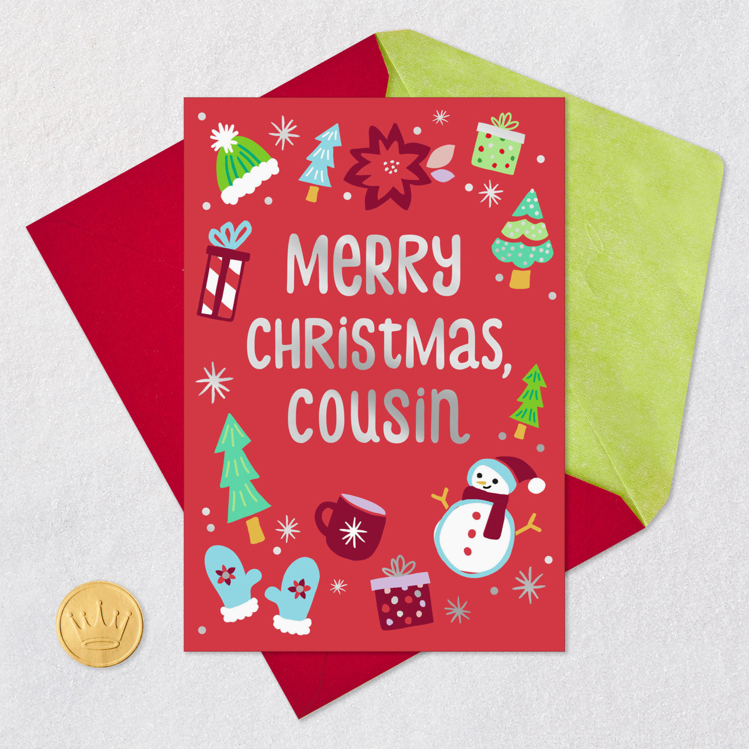 Festive Icons Red Christmas Card for Kid Cousin Card Front with Envelope and Gold Seal image number 5