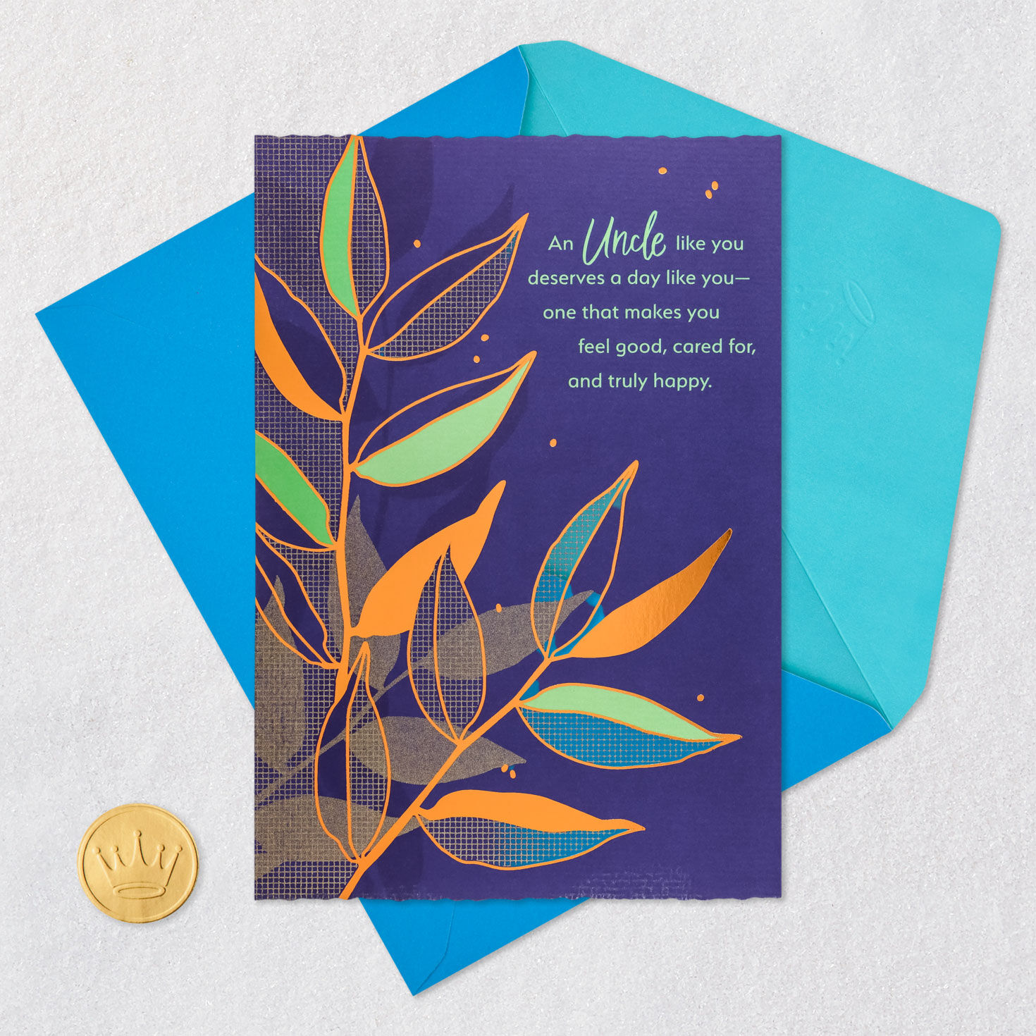 Leaves on Blue Father's Day Card for Uncle Card Front with Envelope and Gold Seal image number 5
