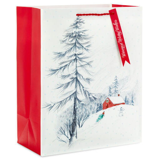 13" Red Barn in Snow Large Christmas Gift Bag, 