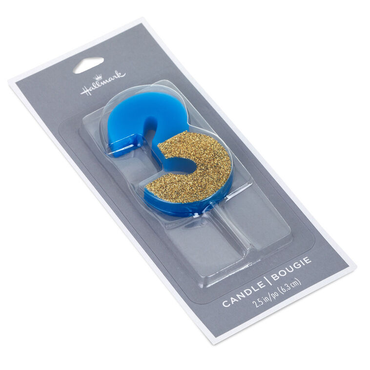 "3" Birthday Candle in Blue With Gold Glitter, , large image number 4