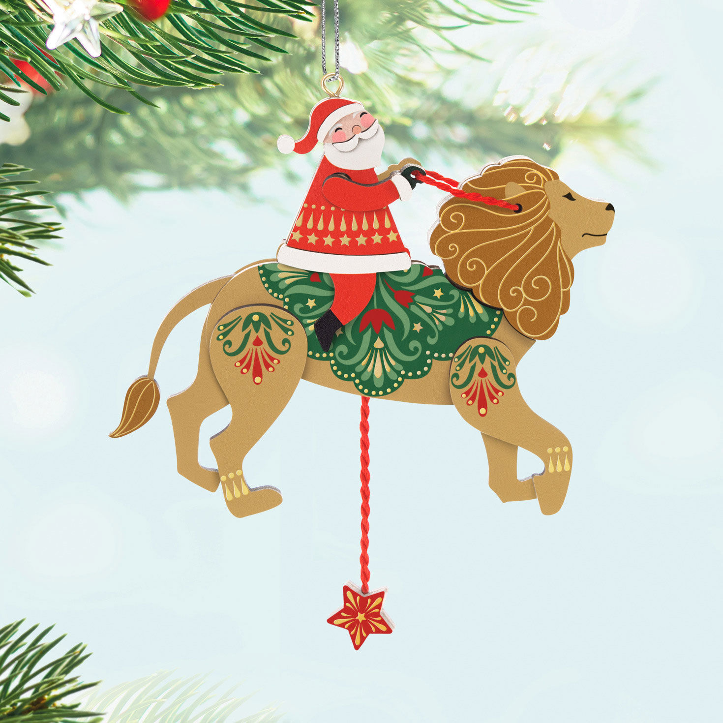 Santa on Lion Pull-String Keepsake Ornament hanging on tree image number 2
