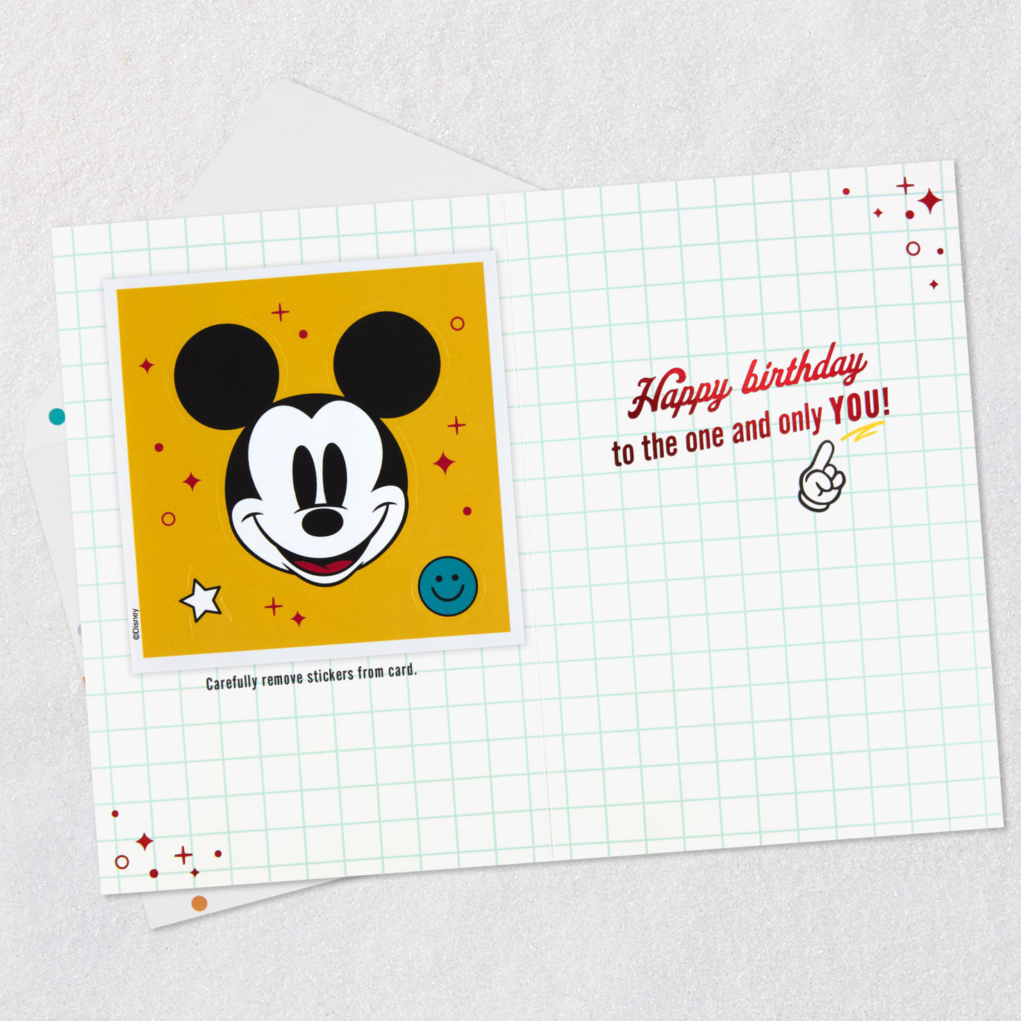 Colorful Mickey Faces Birthday Card with Stickers Open card with envelope image number 3