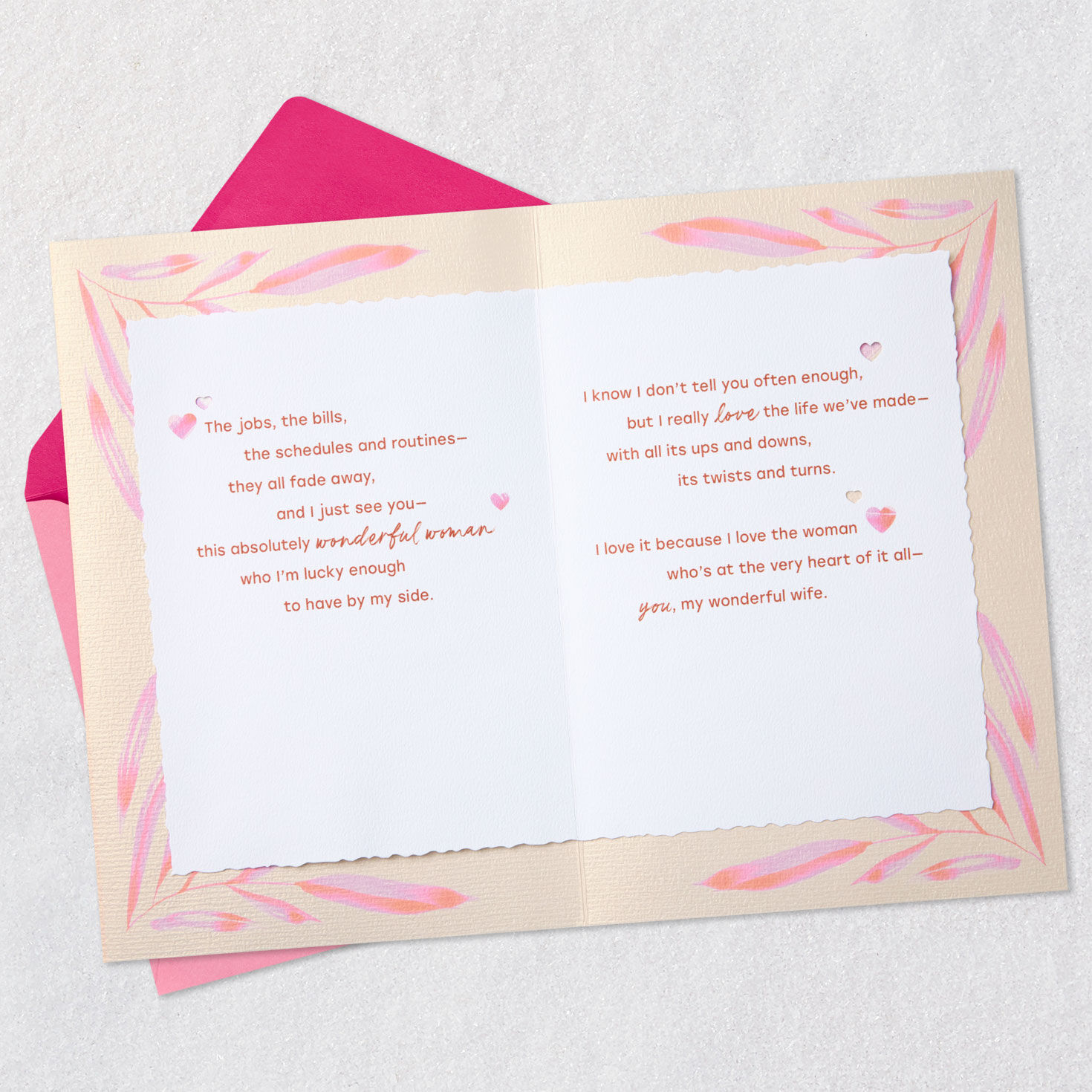 Pink Leaves and Vellum Wife Valentines Day Card Open card with envelope image number 4