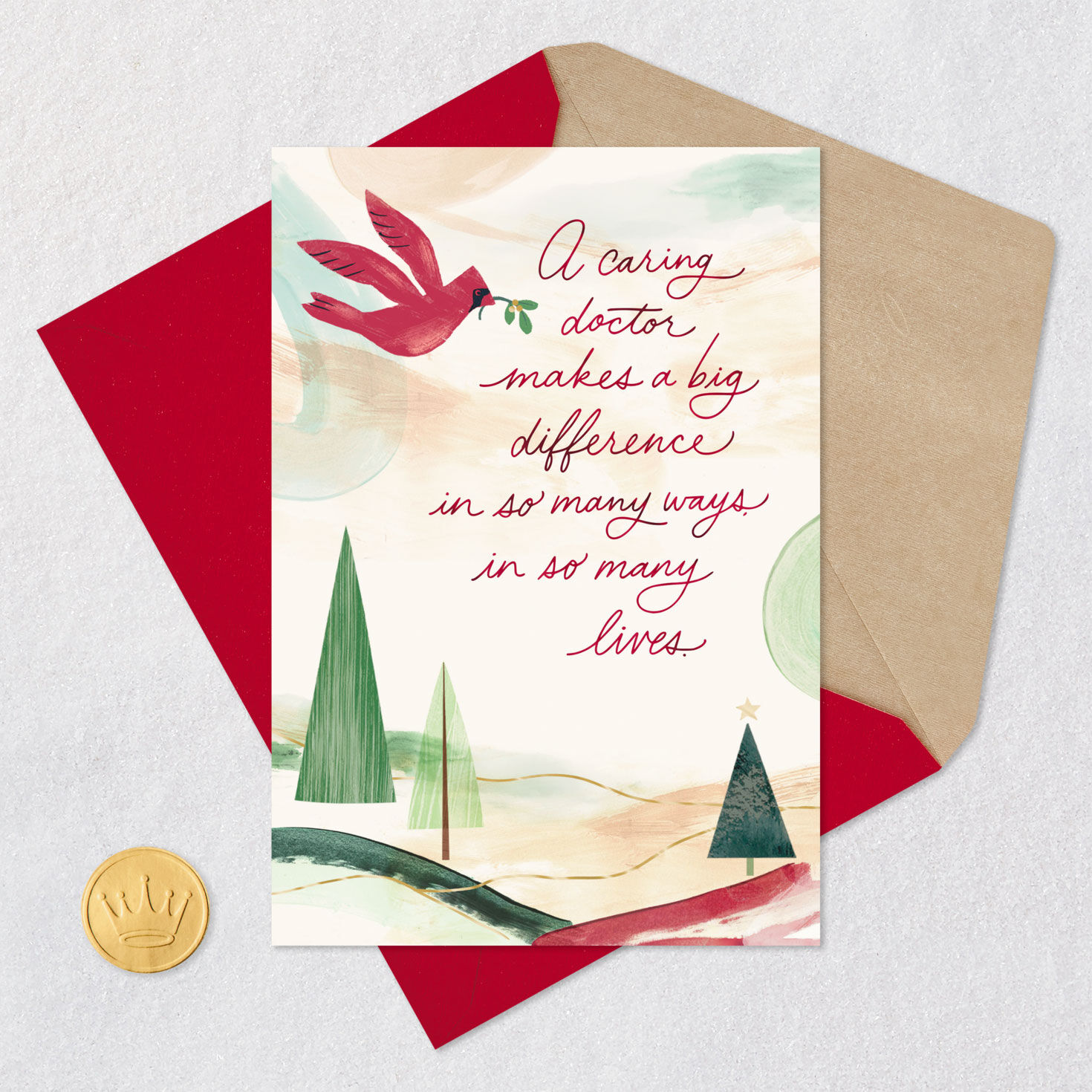 Cardinal Painting Over Trees Doctor Christmas Card Card Front with Envelope and Gold Seal image number 5