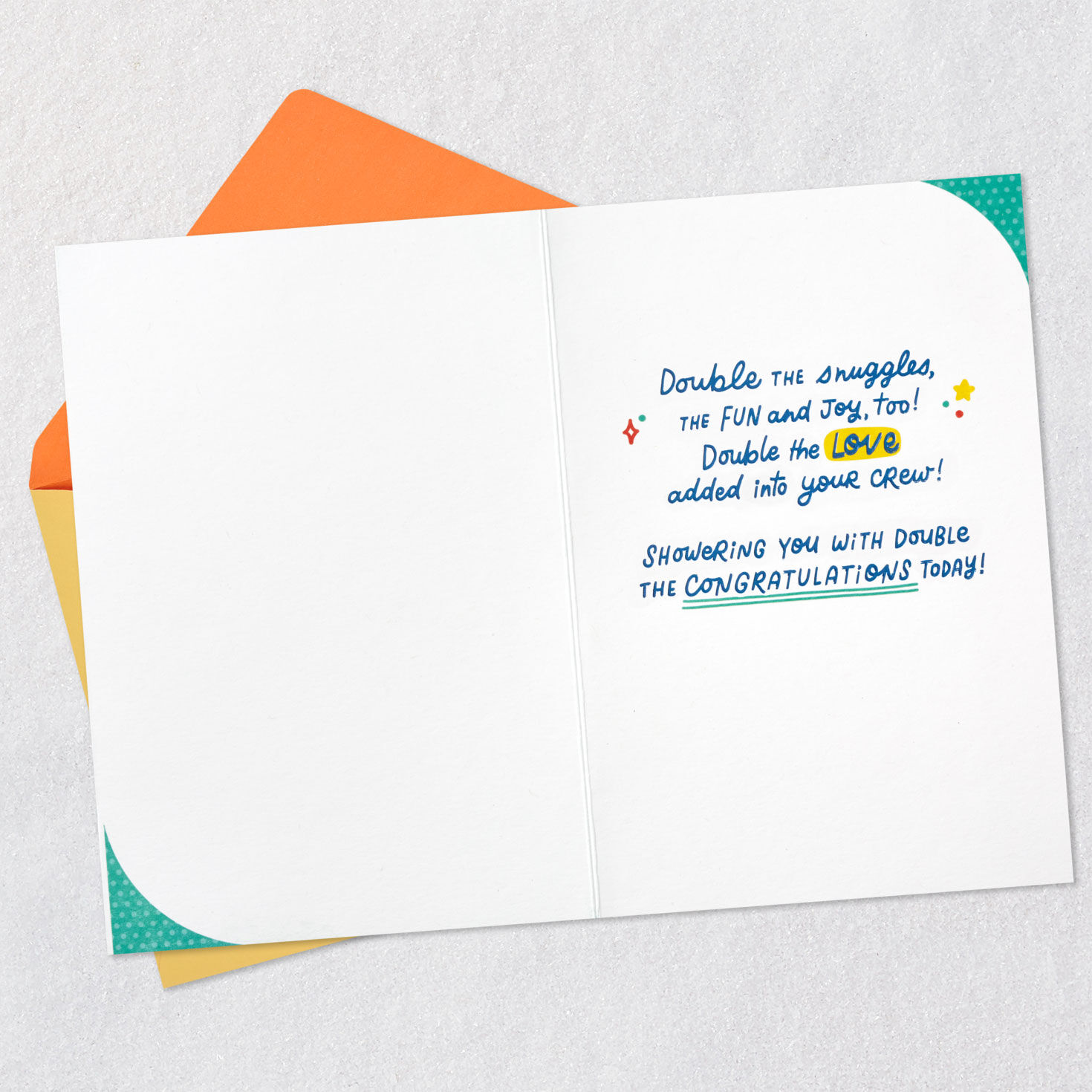 Sun and Rainbow Baby Shower Card for Twins Open card with envelope image number 3