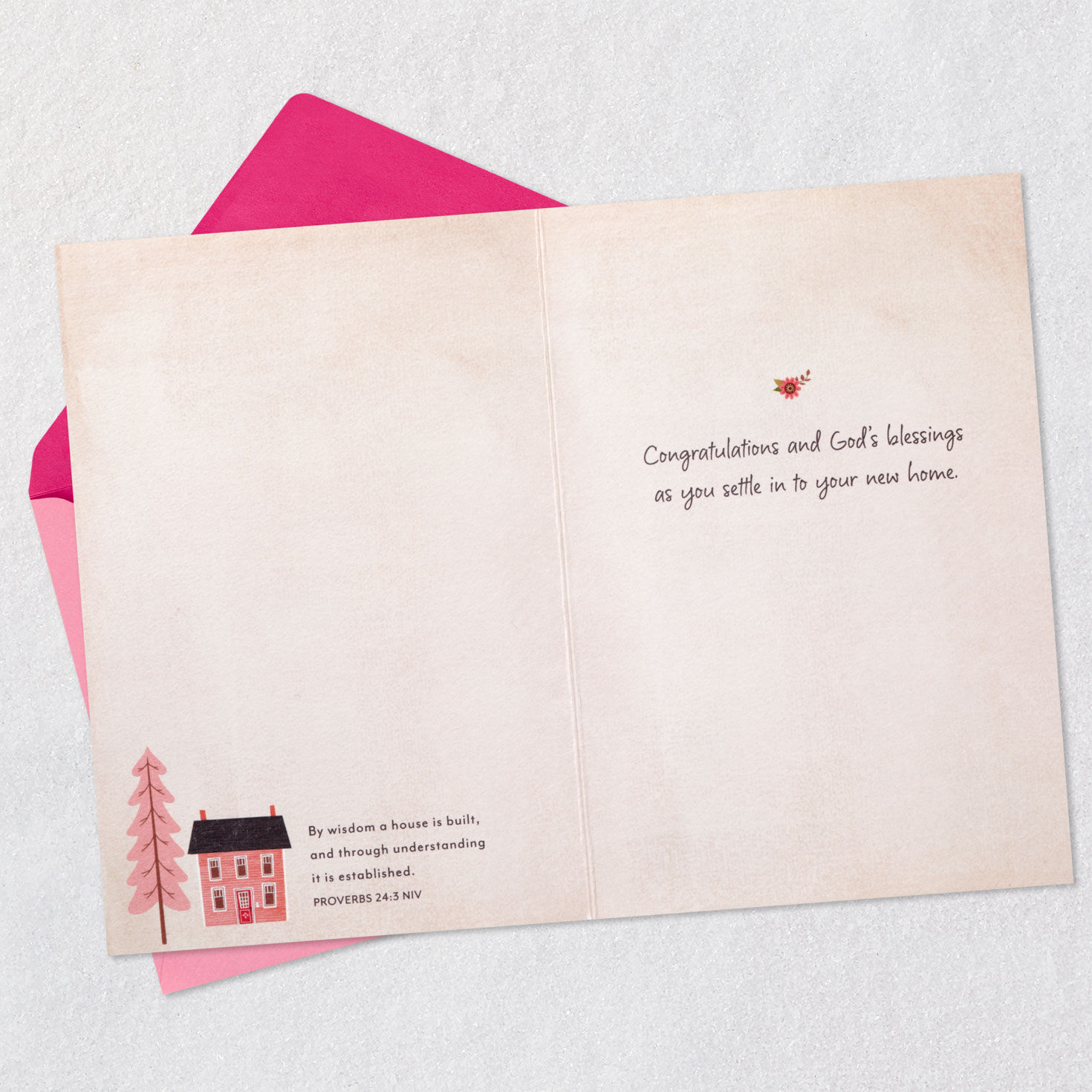 Pink House Religious New Home Congratulations Card Open card with envelope image number 4
