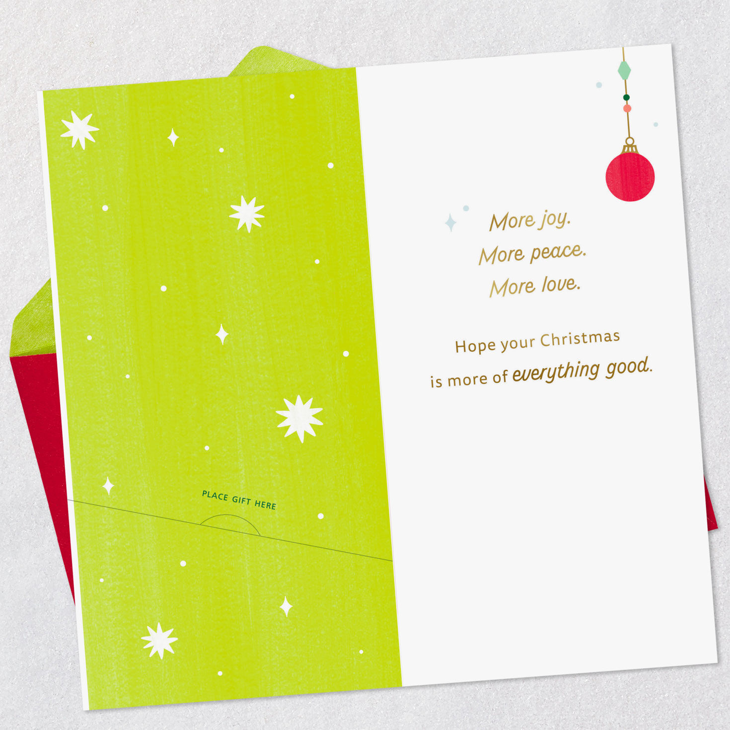 Peace and Joy Ornaments Money Holder Christmas Card Open card with envelope image number 4