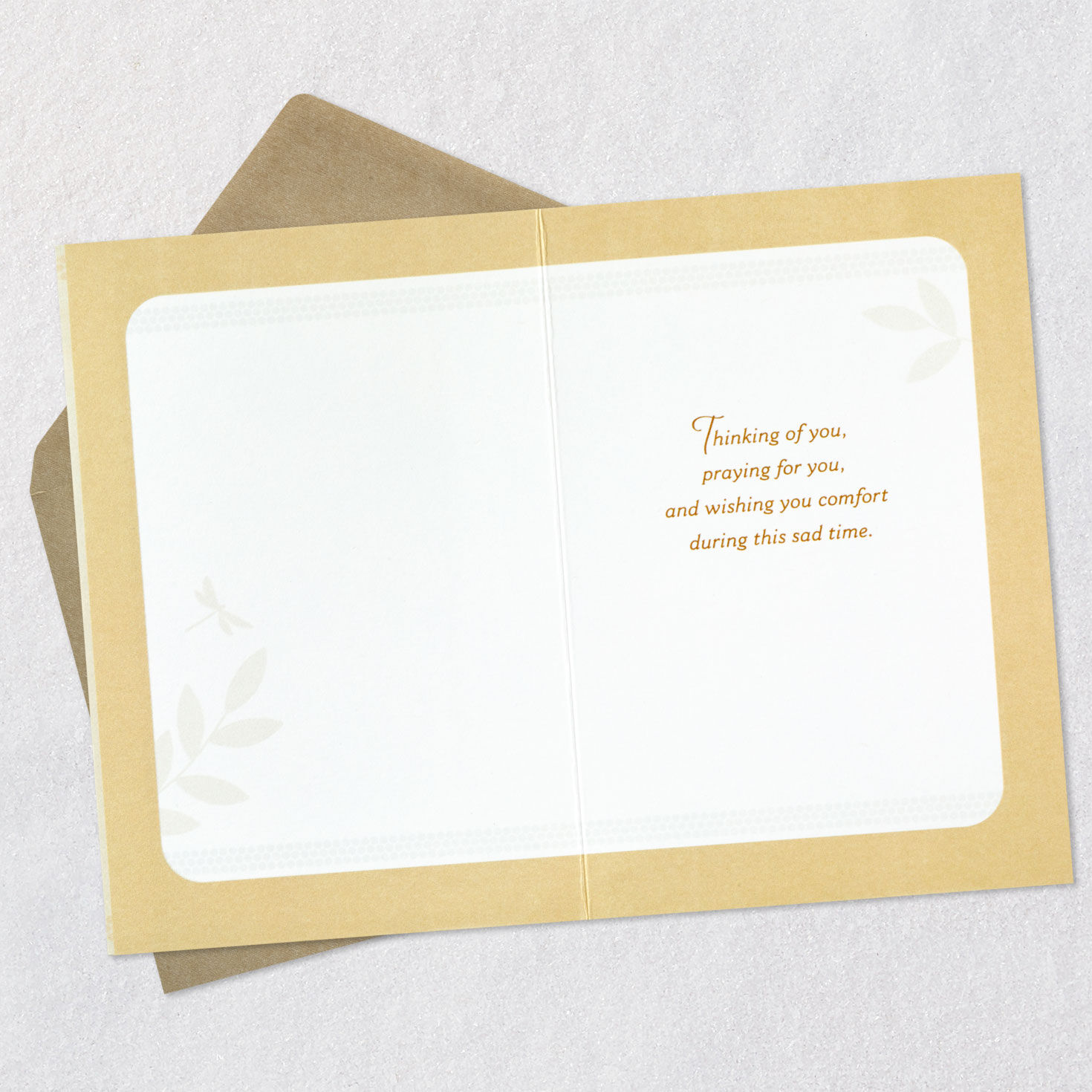 Gold Dragonfly and Leaves Sympathy Card Open card with envelope image number 3