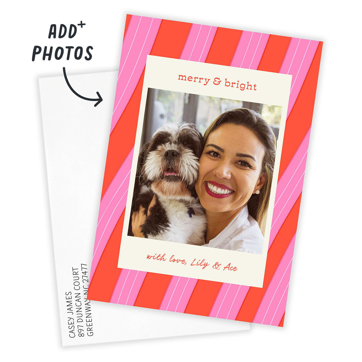Pink Red Wavy Stripes Christmas Photo Card Card with Envelope indicating personalization image number 2