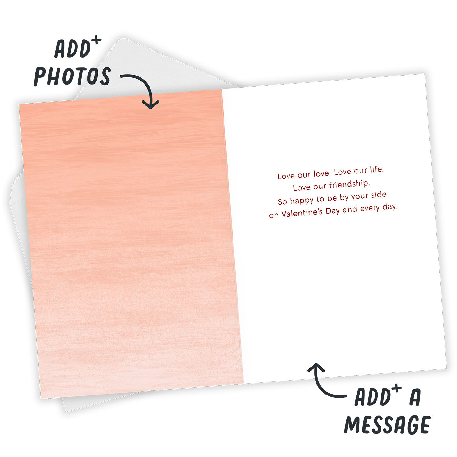 Heart With Swans Personalized Valentine's Day Card Open Card with Envelope indicating personalization image number 3