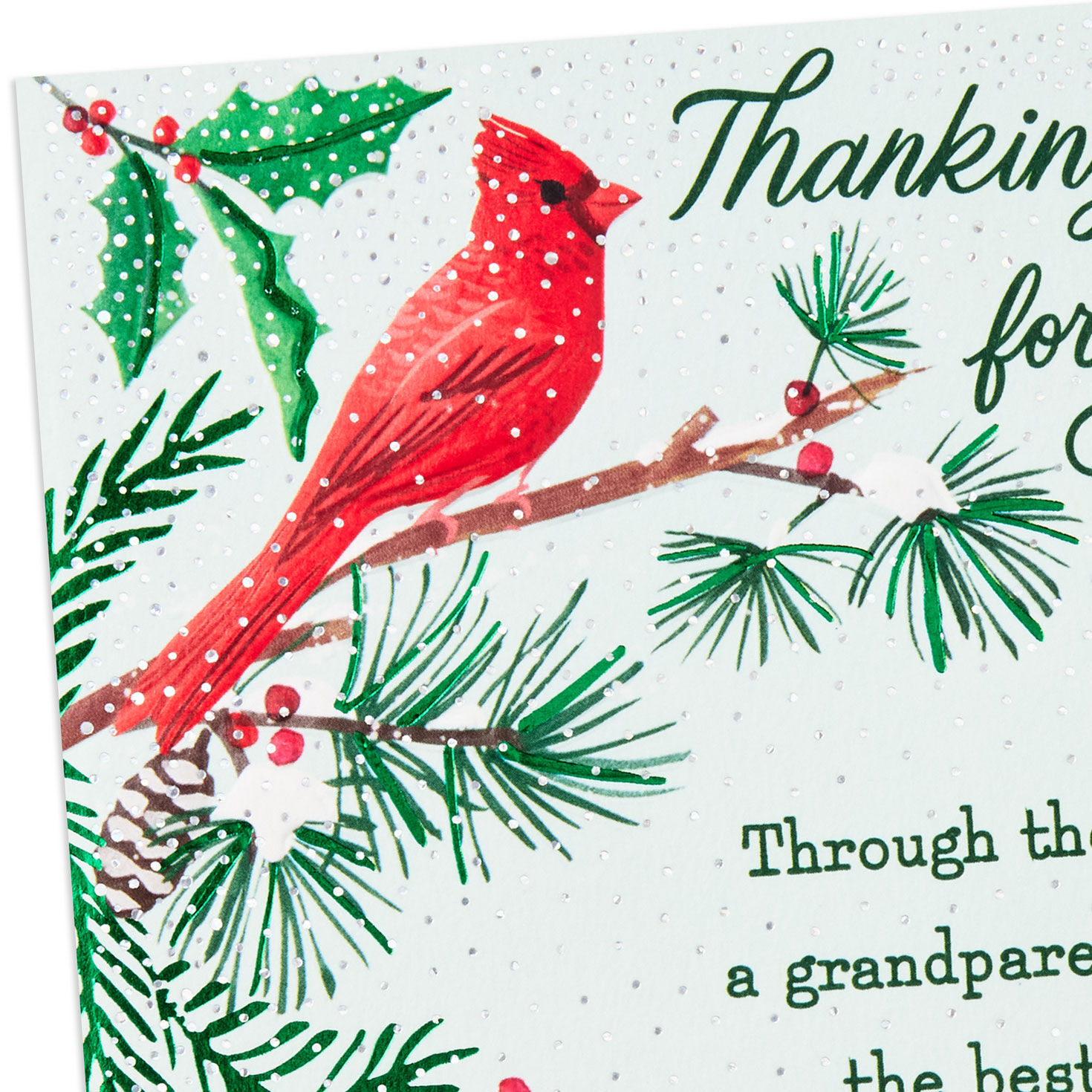 Cardinal on Evergreen Branch Religious Christmas Card Card Front Detail image number 5