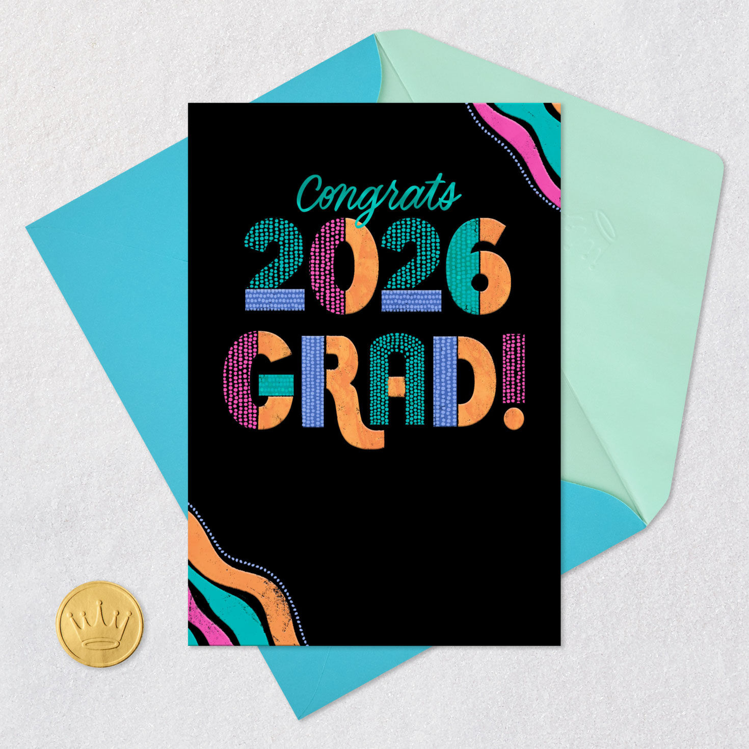 Pink, Teal and Orange on Black Graduation Card Card Front with Envelope and Gold Seal image number 6