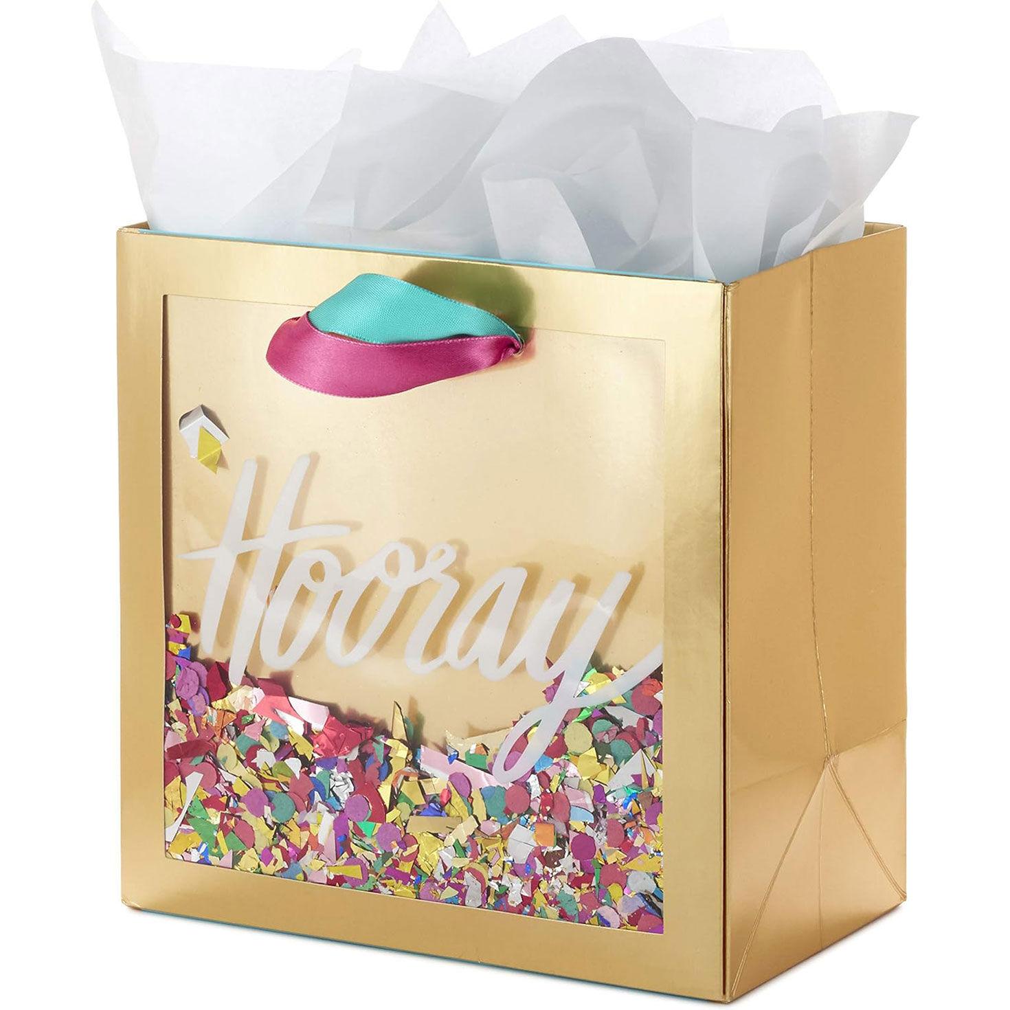 Hooray With Confetti Gold Medium Square Gift Bag Back image number 5