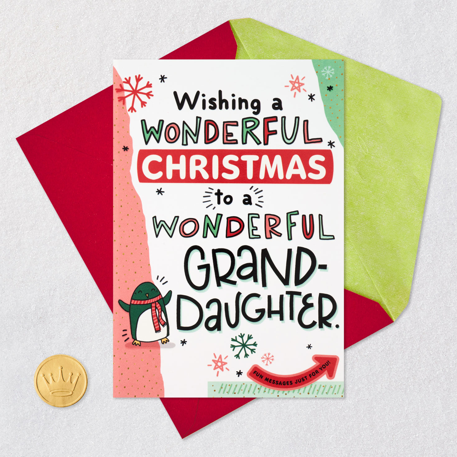 Penguin Fill in Blank Granddaughter Christmas Card Card Front with Envelope and Gold Seal image number 9