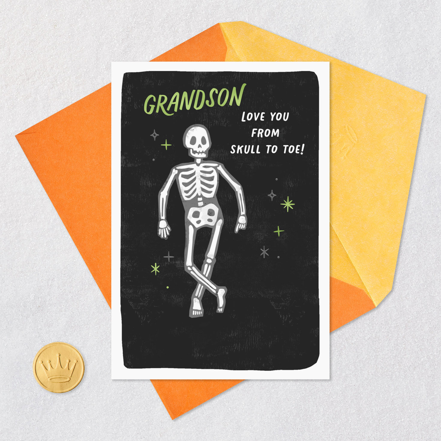 Skeleton and Stars Grandson Halloween Card Card Front with Envelope and Gold Seal image number 5