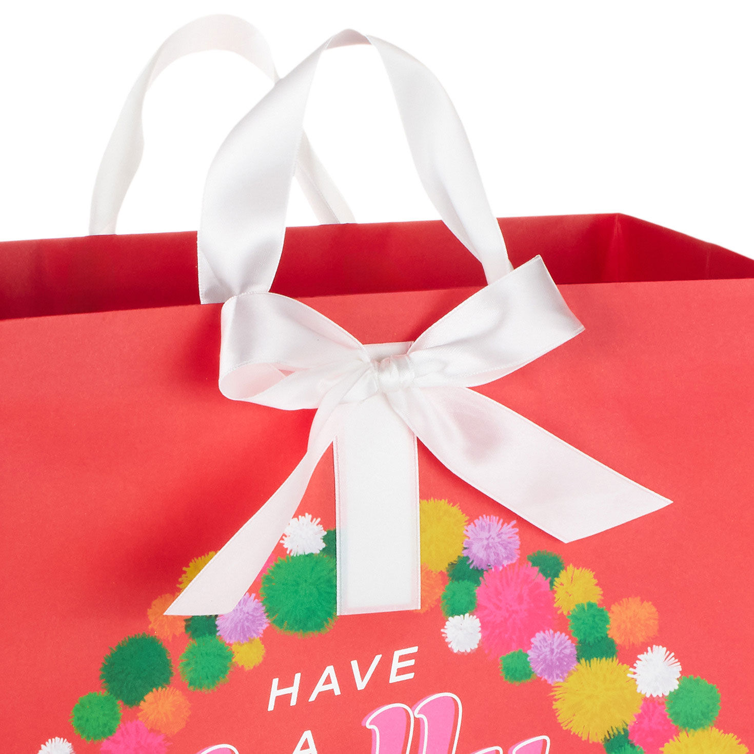 Holly Jolly Wreath on Red Large Holiday Gift Bag Handle Detail image number 4