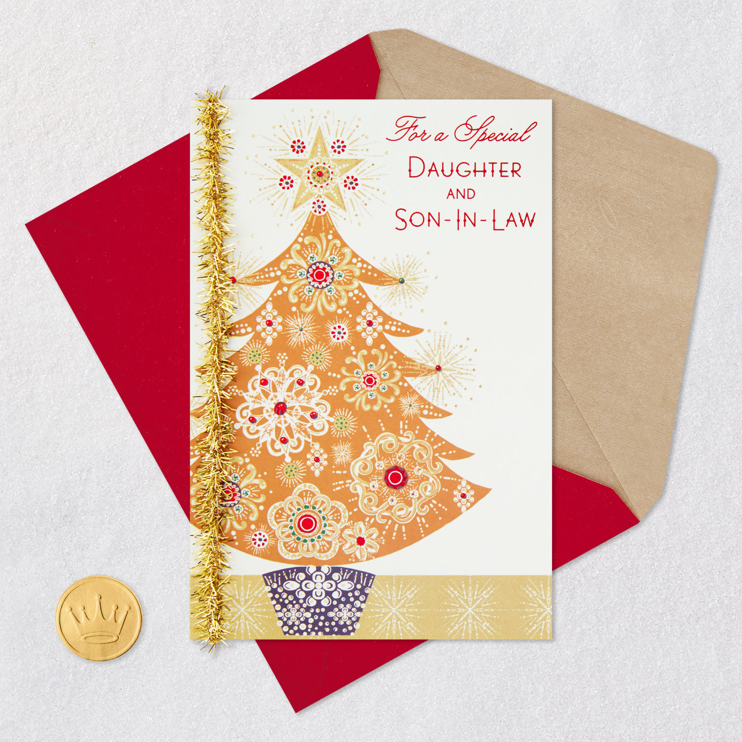 Gold Tree Christmas Card for Daughter and Son-in-Law Card Front with Envelope and Gold Seal image number 7