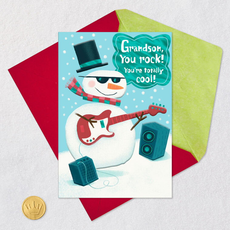 Snowman and Bass Guitar Grandson Christmas Card Card Front with Envelope and Gold Seal image number 6