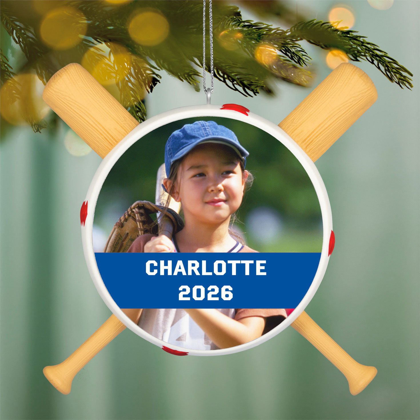 Baseball Bats Personalized Photo & Text Ornament hanging on tree image number 3