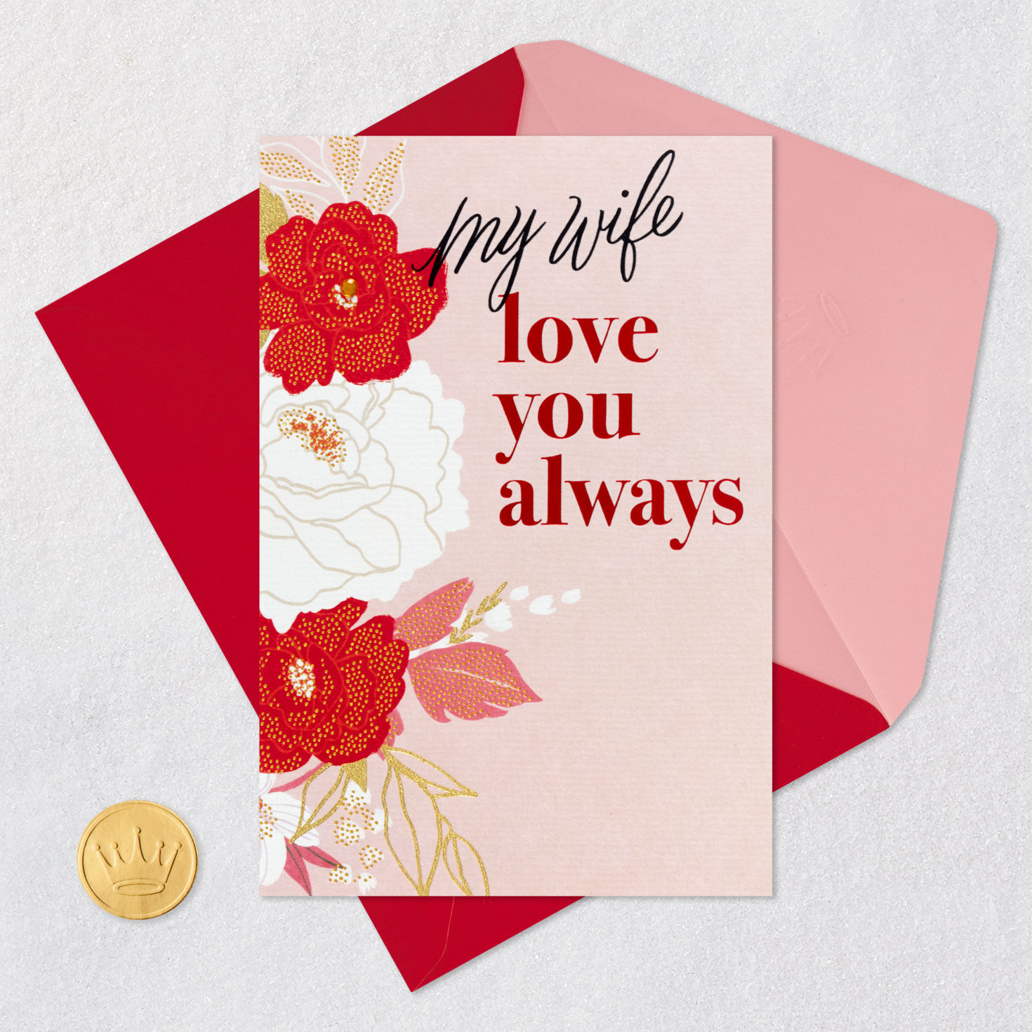 Flowers on Pink Valentine's Day Card for Wife Card Front with Envelope and Gold Seal image number 7