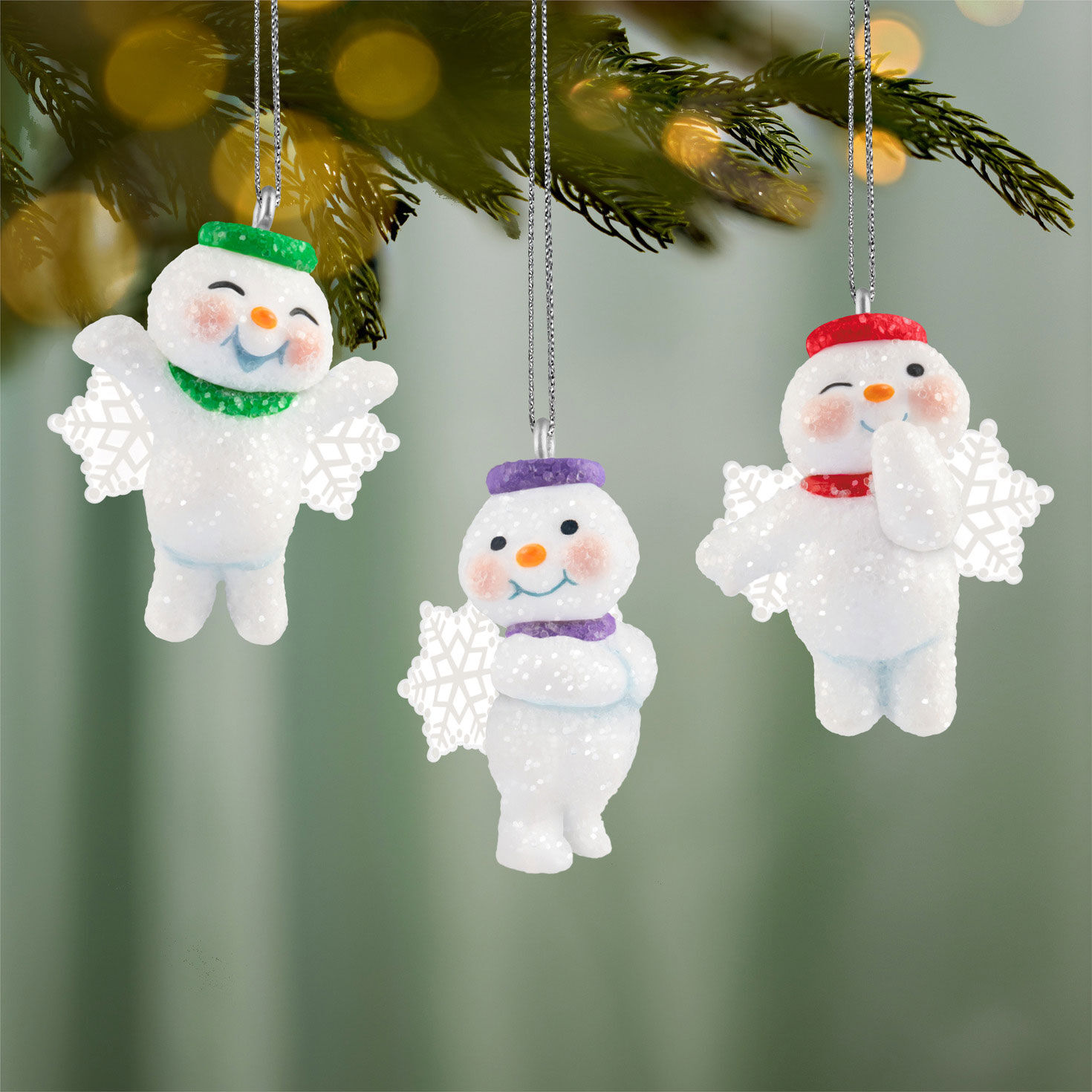 Set of 3 Angel Snowmen Keepsake Ornaments hanging on tree image number 2