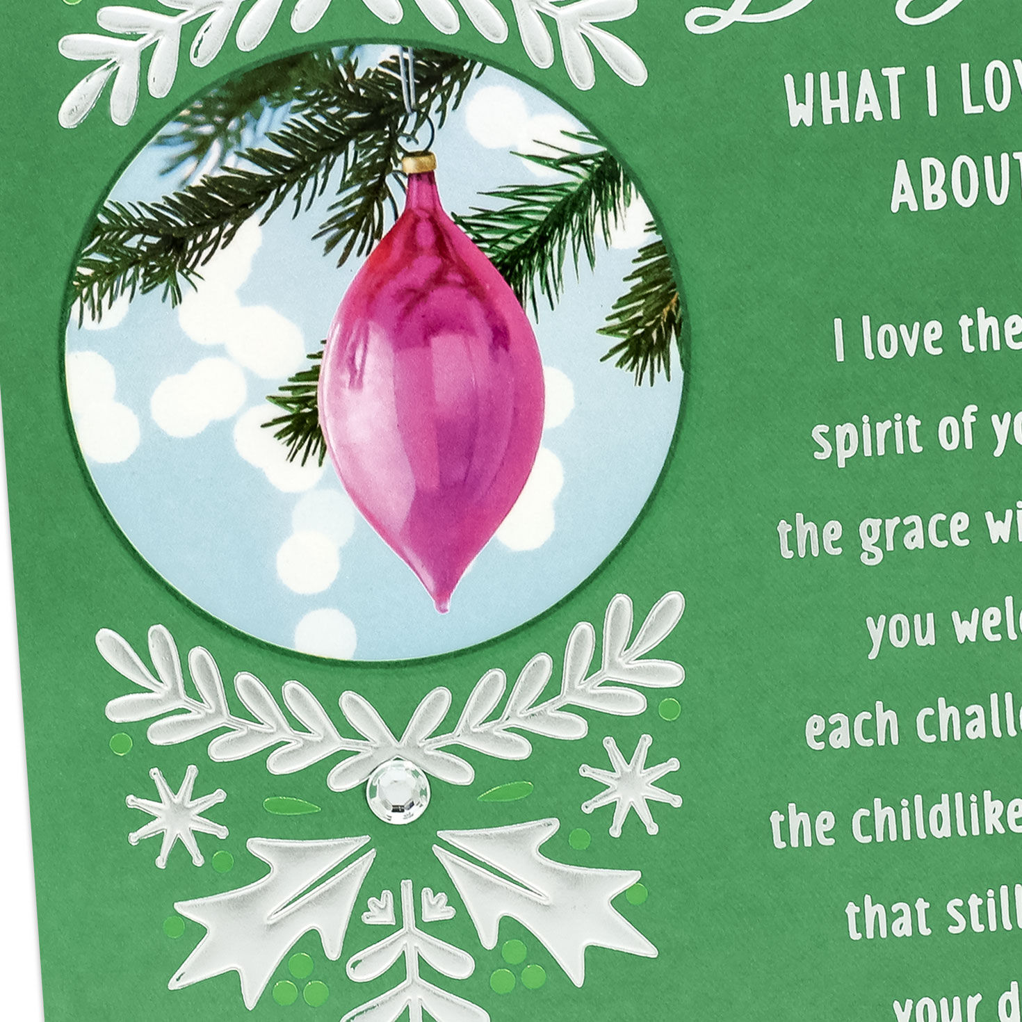 Pink Ornament on Green Christmas Card for Daughter Card Front Detail image number 5