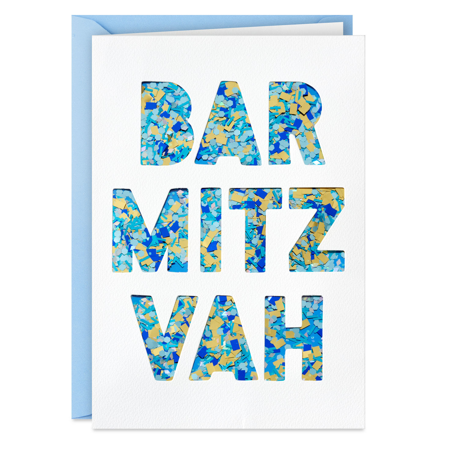 Blue and Gold Confetti Bar Mitzvah Card