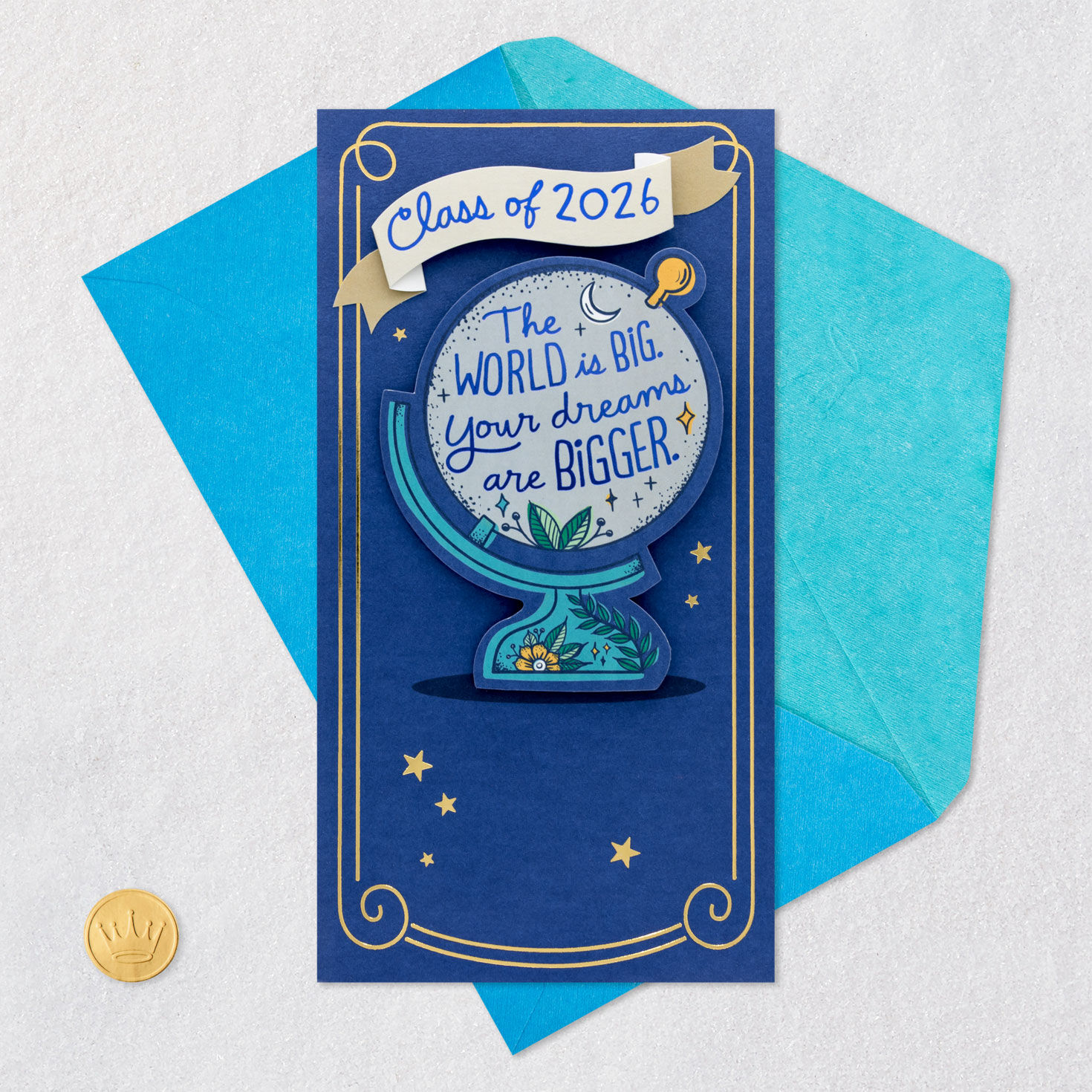 Blue Globe with Stars Money Holder Graduation Card Card Front with Envelope and Gold Seal image number 6
