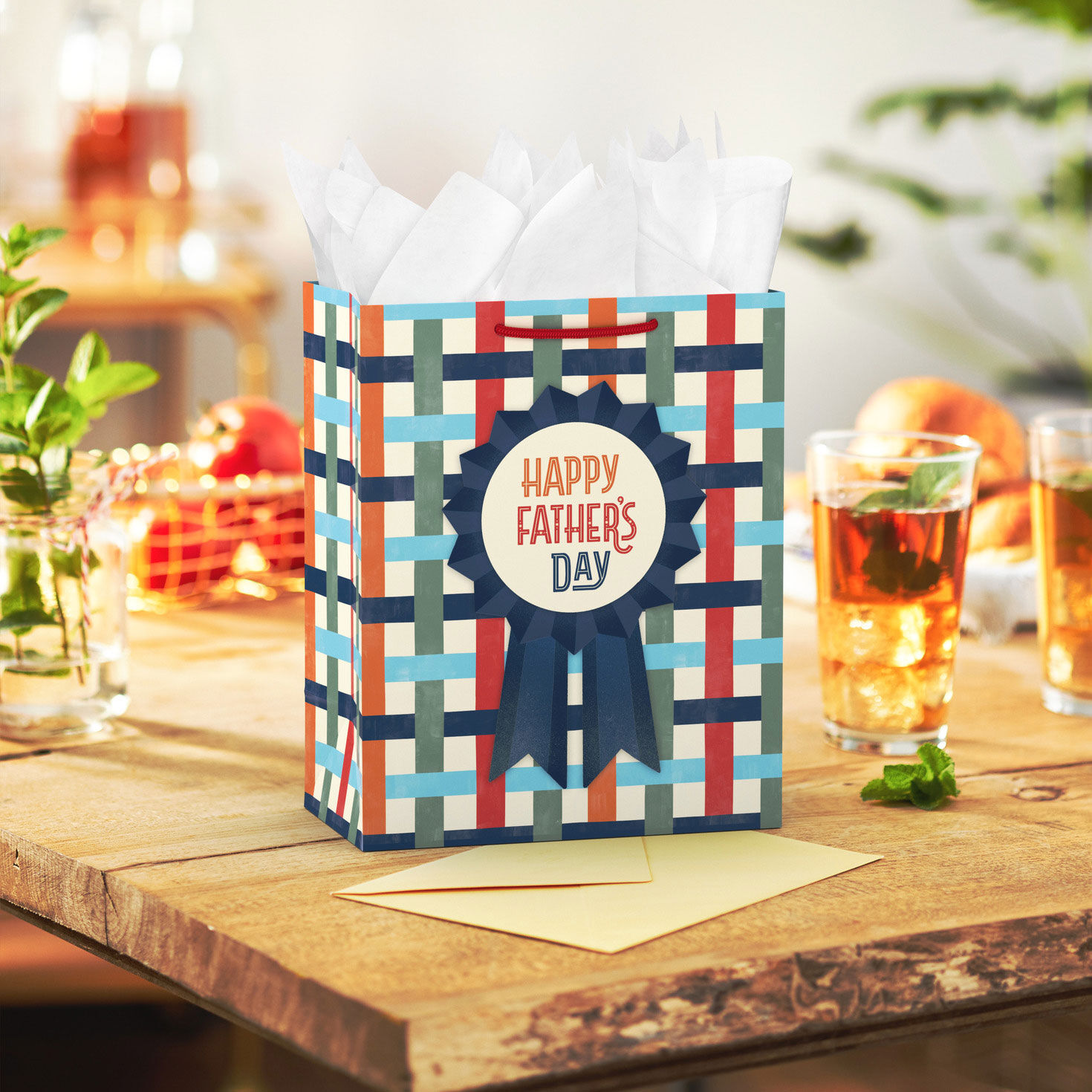 Happy Father's Day Ribbon on Plaid Medium Gift Bag in use image number 2