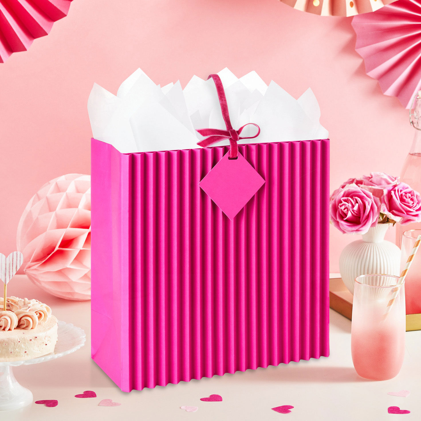 Hot Pink Gift Bag With Pleated Design in use image number 2