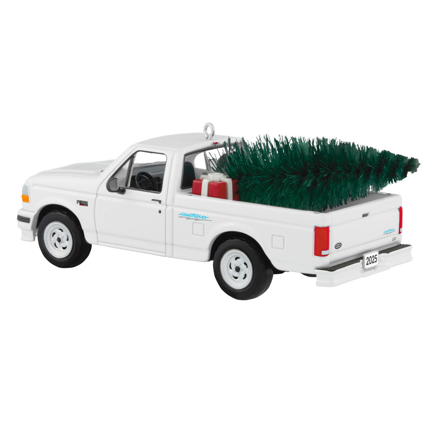 White Ford Pickup Truck With Tree Keepsake Ornament Back image number 6