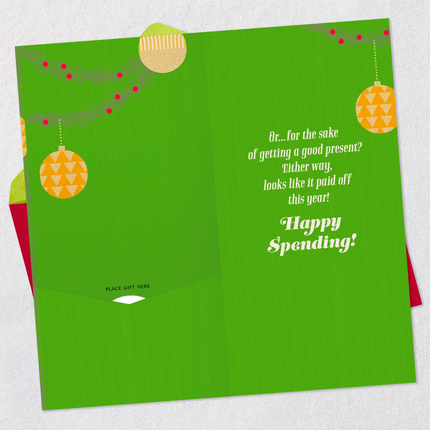 Gold Ornaments on Green Money Holder Christmas Card Open card with envelope image number 4