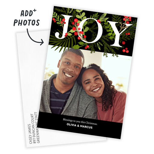 Joy Festive Wreath Flat Christmas Photo Card, 