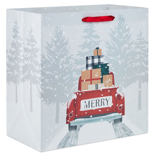 15" Red Truck Hauling Presents Extra-Deep Christmas Gift Bag, 