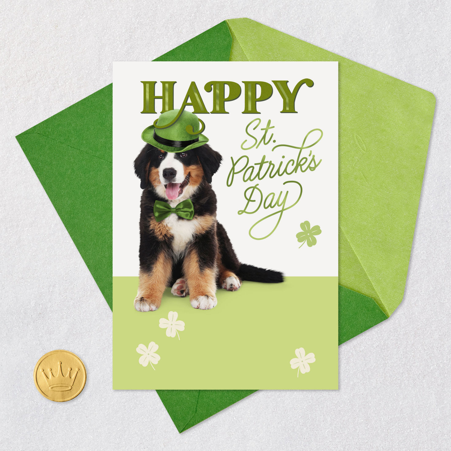 Dog in Green Bowler Hat St. Patrick's Day Card Card Front with Envelope and Gold Seal image number 6
