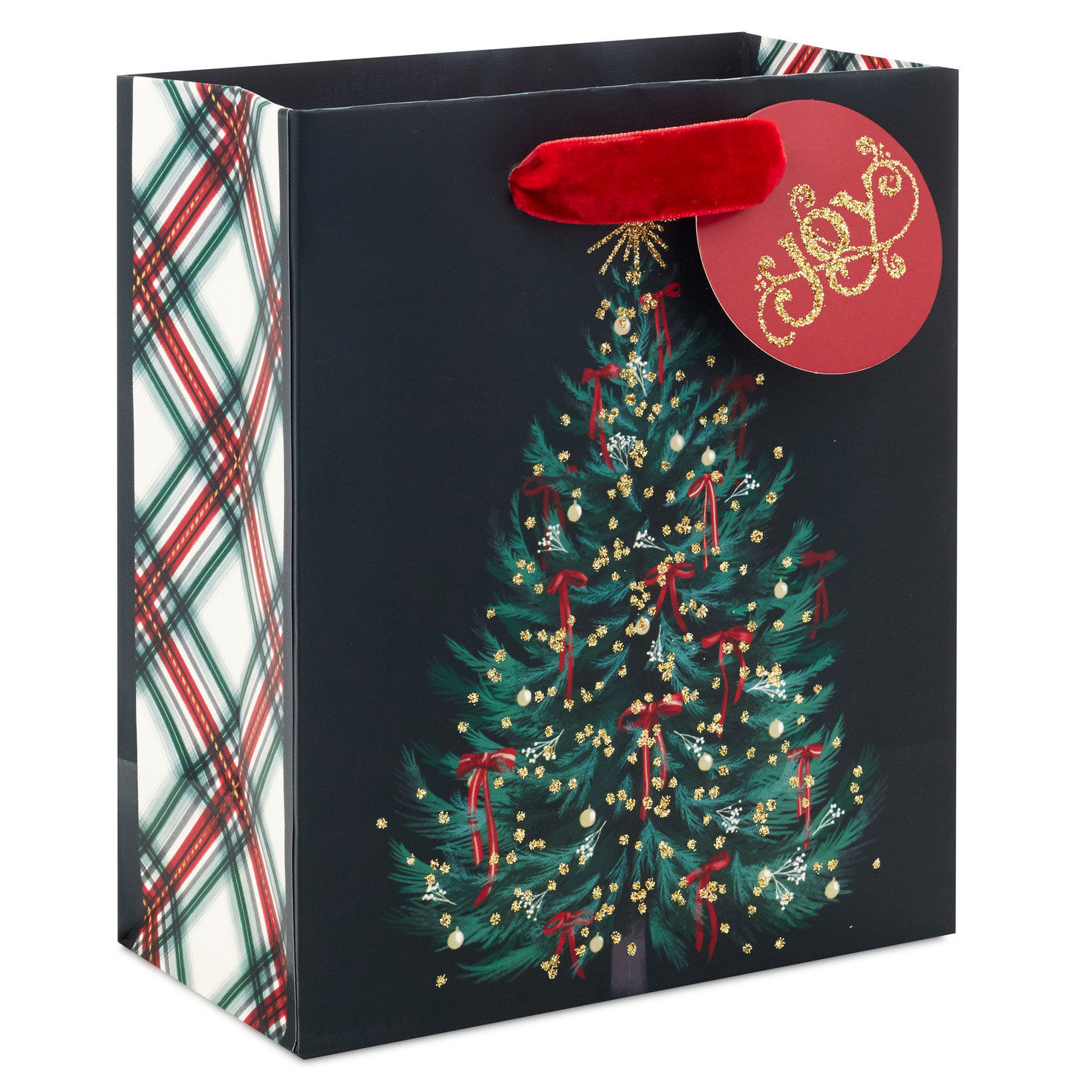Illustrated Christmas Tree on Black Small Gift Bag front image number 1