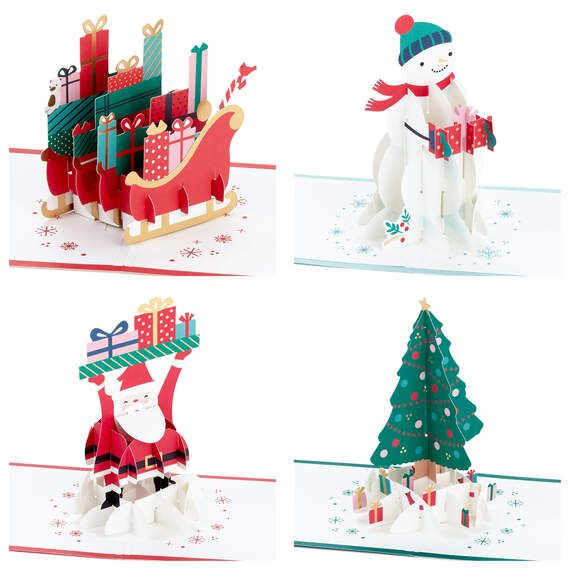 Festive Holiday Wishes Assorted 3D Pop-Up Christmas Cards, Pack of 4