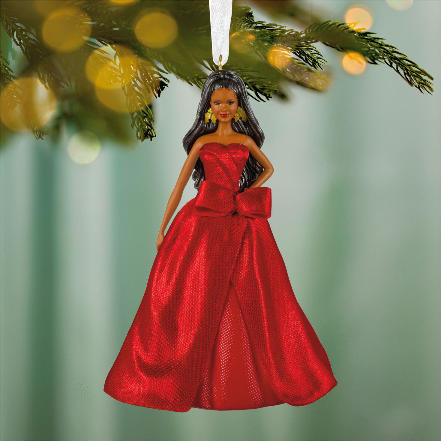 2026 Black Holiday Barbie Keepsake Ornament hanging on tree image number 2