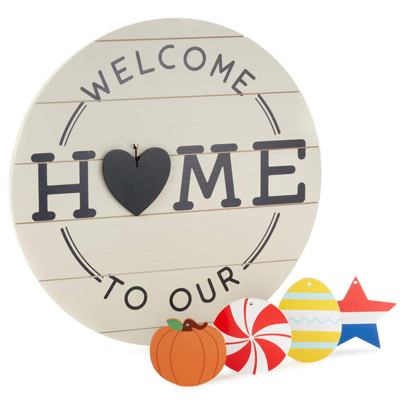 Welcome To Our Home Hanging Sign With Seasonal Decorations, 18x18